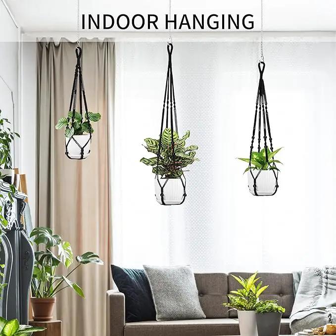 3 Pack Macrame Plant Hanger - 43"/35"/29" Different Sizes, Hanging Planter Basket Flower Pot Holder for Indoor Outdoor, with Wood Beads, Boho Home Decor, Black (POTS NOT Included) by GreenHaven Gardens