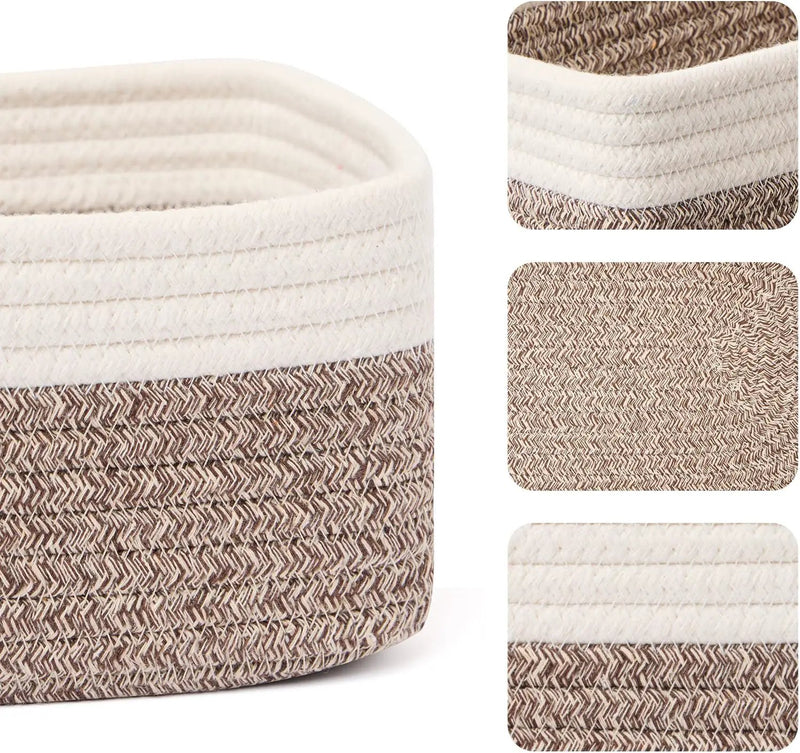 Small Storage Baskets for Organizing | Closet Organizer Bins | Shelf Toy Basket | Woven Rope Baskets | Cube Decorative Box | Shallow Basket | 11.5x7.5x4.7” | 3 Packs White Brown by GreenHaven Gardens