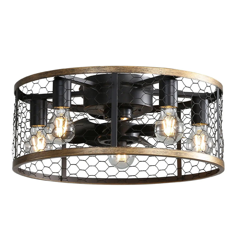 20" Industrial Caged Ceiling Fan, With 7 - ABS Blades Remote Control Reversible DC Motor, Small Flush Mount Ceiling Fan For Farmhouse - Black by HouseOfZazla