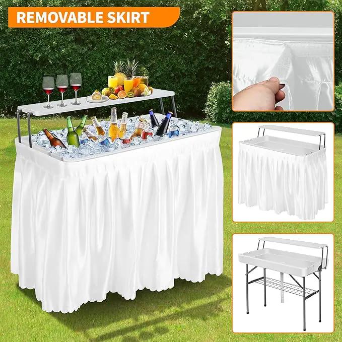 Portable Folding Ice Cooler Table - 2 Tier Outdoor Cooler Table with Removable Matching Skirt and Shelf, Ice Tables for Party, Camping, Picnic, Foldable Self-Serving Beverage Cooling Bar(White) by GreenHaven Gardens