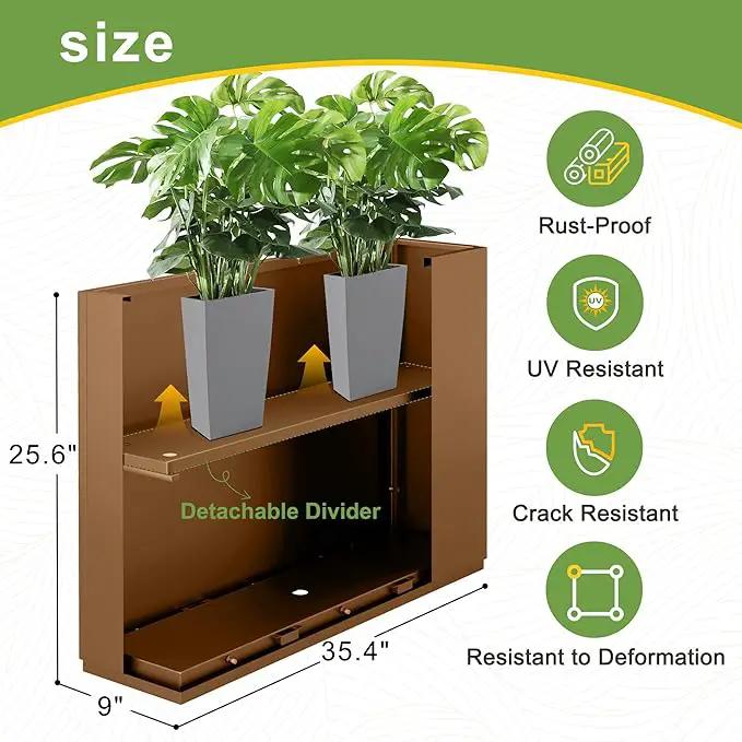 FENCY Metal Rectangular Planter Box for Outdoor - Large Planters with Drainage Holes (35.4" L x 9" W x 25.6" H, Brown) by GreenHaven Gardens