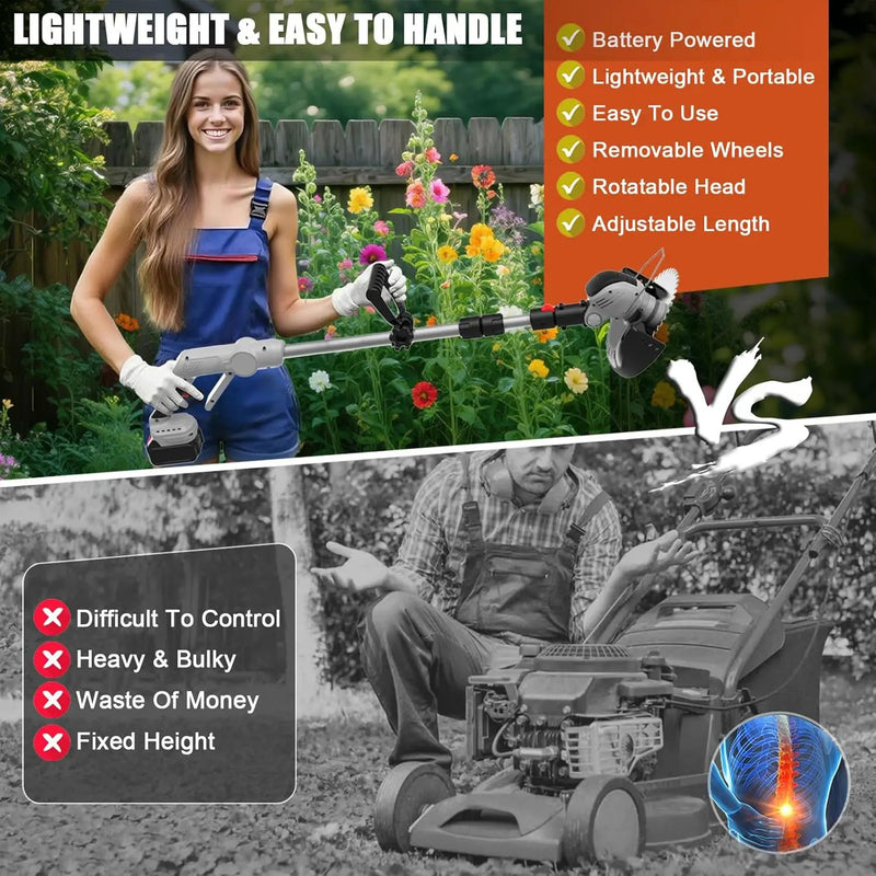 Electric Weed Wacker Cordless Eater Battery Powered, 21v Lightweight Weed Trimmer With 2 4.0Ah Battery Operated & Charger & Wheels & Shears, 3 In1 Grass Trimmer/Brush Cutter/Lawn Edger for Yard Garden by GreenHaven Gardens