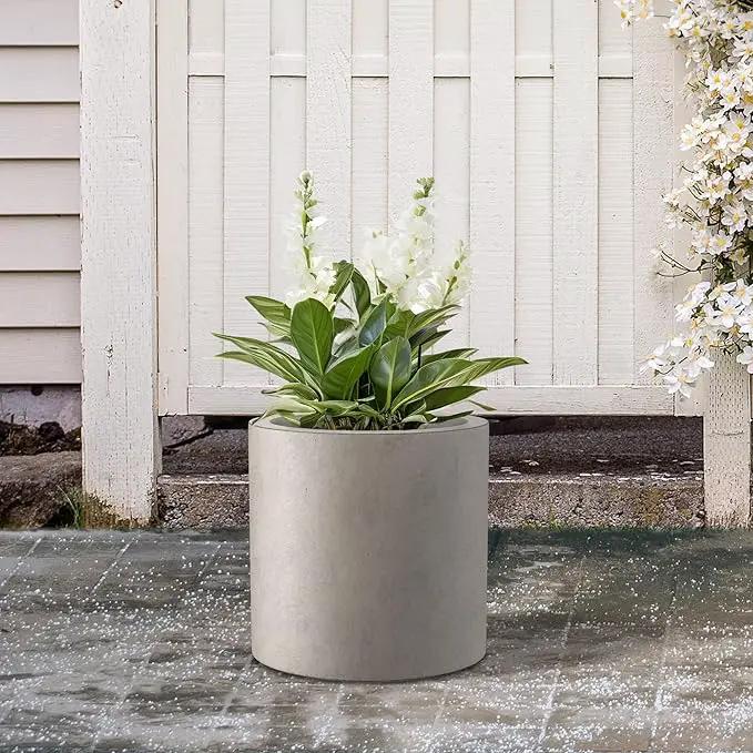 Kante 9.8" Dia Round Concrete Planter, Modern Style Large Cylindrical Plant Pot with Drainage Hole and Rubber Plug for Indoor Outdoor Patio, Weathered Concrete by GreenHaven Gardens