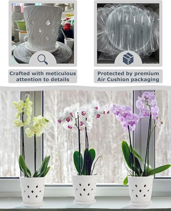 Whispering Winds Ceramic 5 x 6 Inch Orchid Pot with Holes & Saucer for Aeration and Drainage - Decorative Orchid Pots for Repotting, Prevent Over Watering & Root Rot (Carrara White) by GreenHaven Gardens