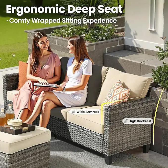 ovios 7 Pieces Patio Furniture Set with 42" Fire Pit Table, Outdoor Wicker Sofa with Swivel Chairs, All Weather High Back Rattan Couch Conversation Set, Beige by GreenHaven Gardens