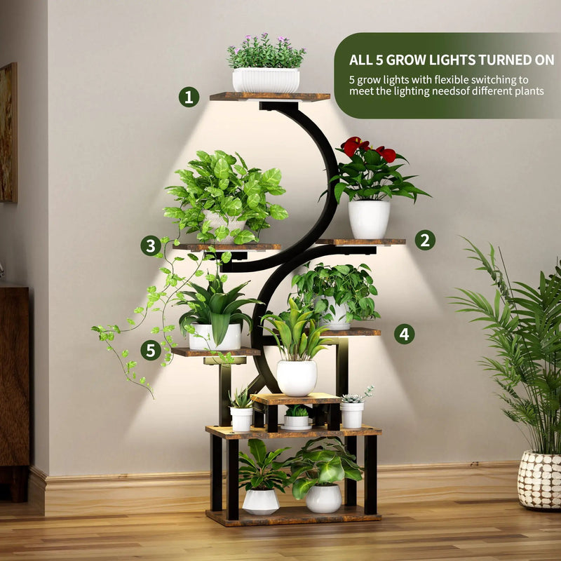 8 Tier Indoor Plant Stand With 5 Grow Lights For Living Room - Rustic Brown by HouseOfZazla