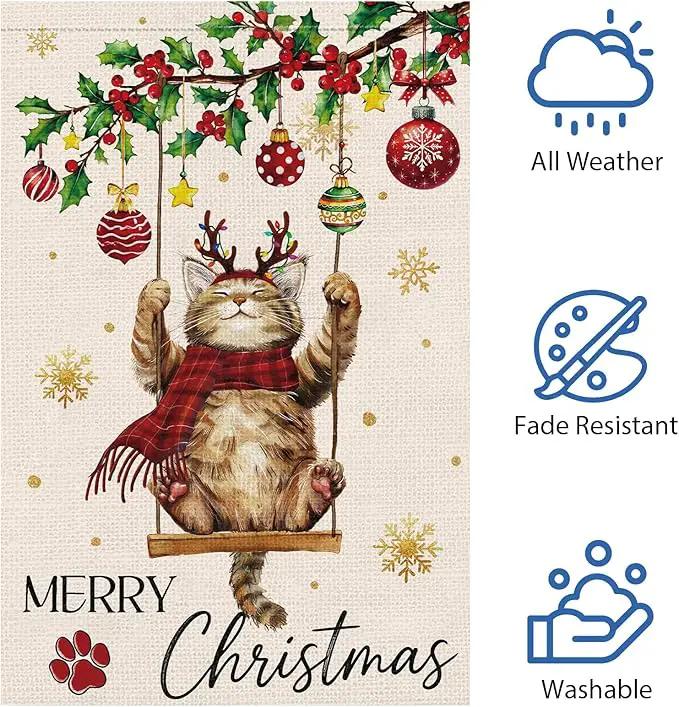 Heyfibro Merry Christmas Cute Cat Swing Garden Flag 12x18 Inch Double Sided Burlap, Retro Christmas Ball Snowflake Yard Banner for Winter Holiday Xmas Seasonal Outdoor Decoration(ONLY FLAG) by GreenHaven Gardens
