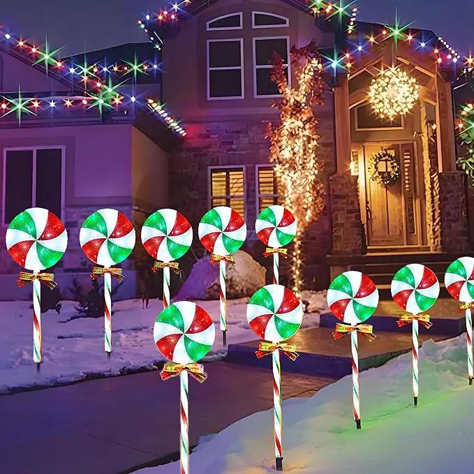 10 Packs Christmas Pathway Lollipop Lights with Bow Tie Solar Powered Outdoor Waterproof Xmas Candy Cane Path Landscape Decorative Stake Lights 2 Solar Panel + 10 Lights by GreenHaven Gardens