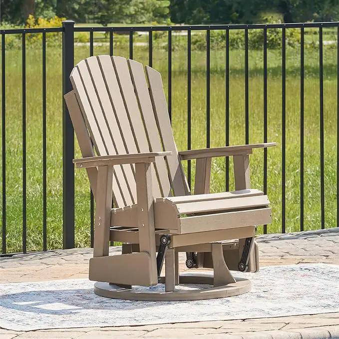 Signature Design by Ashley Hyland Wave Casual Weather Resistant HDPE Outdoor Swivel Glider Chair, Light Brown by GreenHaven Gardens
