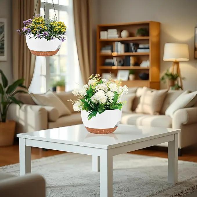 2 Pack 12 Inch Large Hanging Planters with Chains Self Watering White Brown Plastic Hanging Pots for Indoor Outdoor Plants, Garden Porch Home Decor，White Brown by GreenHaven Gardens