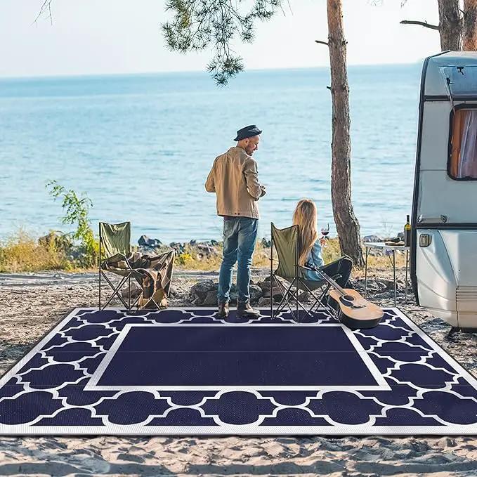 GENIMO 10' x 14' Outdoor Rug Waterproof for Patio, Foldable Reversible Plastic Straw Area Rugs Mat for Rv Decor, Outside Carpet for Camper, Deck, Picnic, Beach, Balcony, Porch, Blue & White by GreenHaven Gardens
