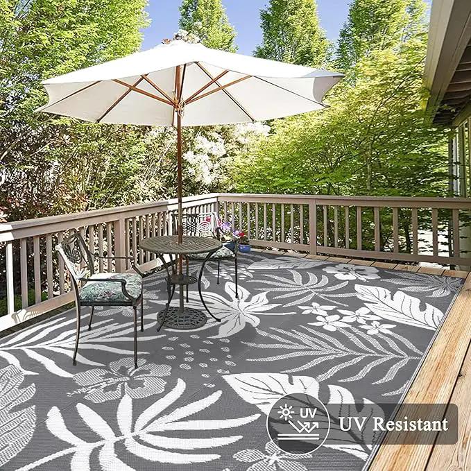 Pauwer Waterproof Outdoor Rug 6x9, Reversible Plastic Straw Patio Camping Rug, Indoor Outdoor RV Mat Carpet for Deck, Camper, Porch, Balcony, Backyard, Picnic, Floral Grey by GreenHaven Gardens