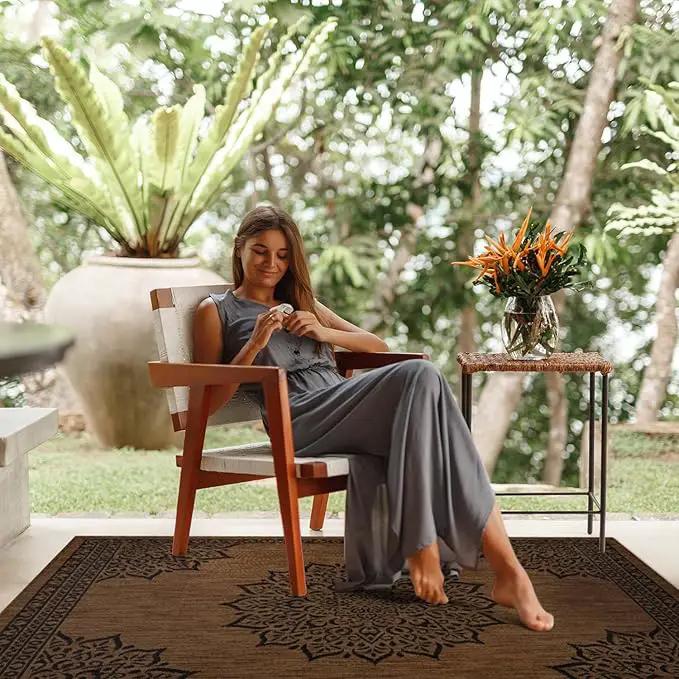 CAMILSON Outdoor Rug 8x10 Medallion Nut Brown Black Modern Area Rugs for Indoor and Outdoor Patios, Kitchen and Hallway Rug, Washable Porch Deck Outside Carpet (8 x 10) by GreenHaven Gardens