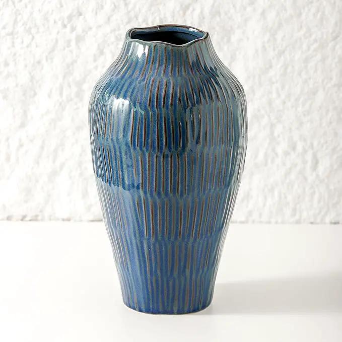 Blue Ceramic Vase for Home Decor,11.6 Inch Flower Vase，Decorative Vases for Pampas Grass，Modern Art Texture Vases for Home Entryway Living Room Dining Table Farmhouse Office Decor-Blue by GreenHaven Gardens
