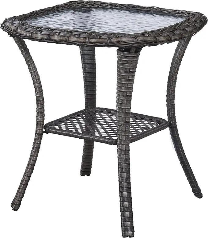 Patio Tables Wicker Side Table - Rattan End Table with Glass Top for Outdoor Outside Patio Porch Deck Square Brown by GreenHaven Gardens