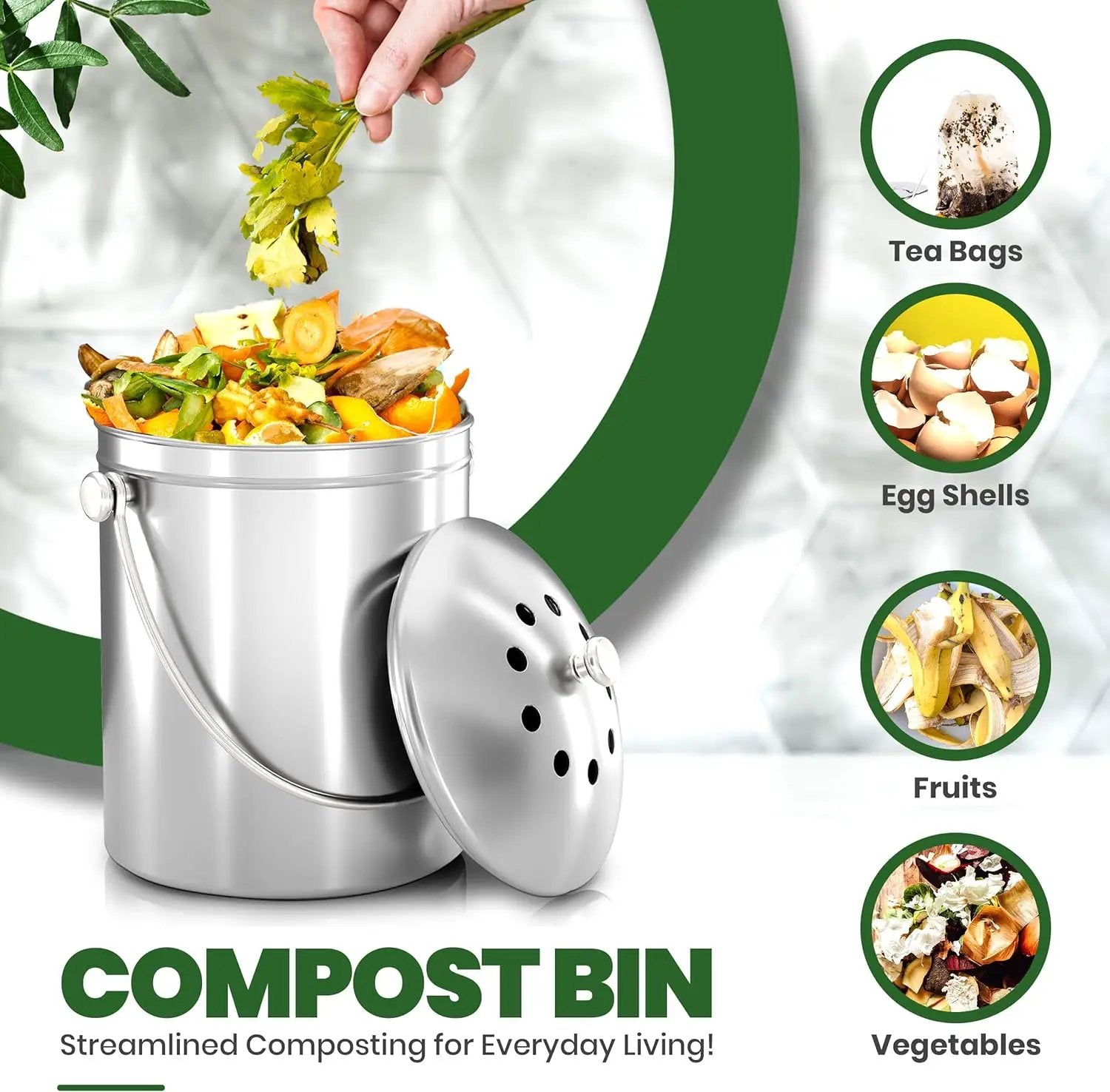 Utopia Kitchen Compost Bin for Kitchen Countertop, 1.3 Gallon Compost Bucket for Kitchen with Lid, Includes 1 Spare Charcoal Filter, Home Essentials - (Silver) by GreenHaven Gardens