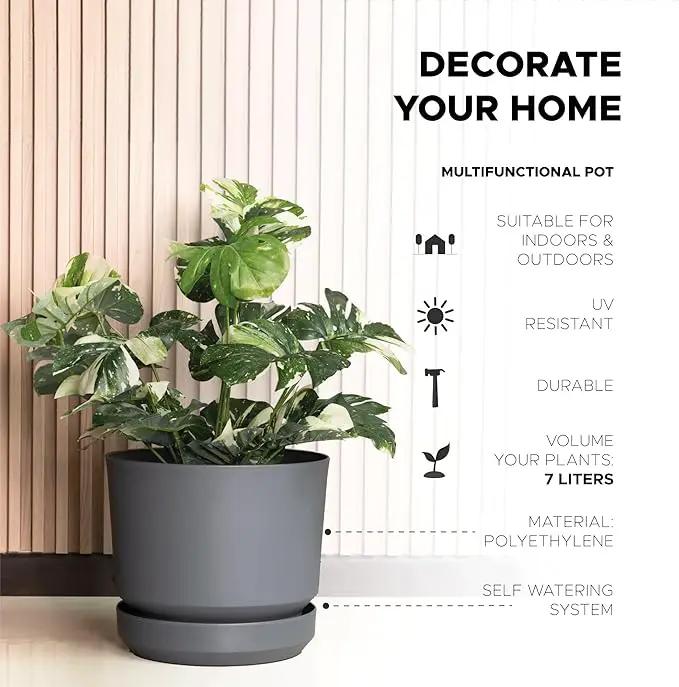 Elly Décor 8 inch Plastic Cylinder Planter Pot with Self-Watering Saucer and Drainage Hole,Lightweight & Extremely Durable, 8"x 8", Gray by GreenHaven Gardens