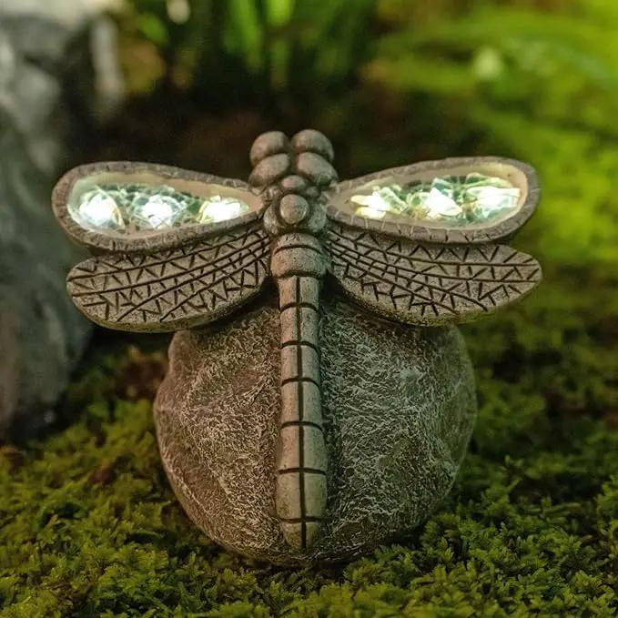 Garden Statue Dragonfly,Solar Dragonfly Decor for Outdoor,Resin Dragonflies Figurine with Solar Light for Patio,Balcony,Yard,Lawn Ornament,Perfect Garden Gift by GreenHaven Gardens