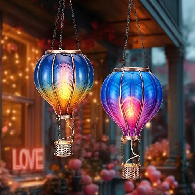 TERESA'S COLLECTIONS 2 Pack Hanging Solar Lantern Outdoor Garden Decor for Valentine,Waterproof Plastic Hot Air Balloon Blue Flickering Flame Effect Lantern for Yard Tree,Gift for Mom,18" by GreenHaven Gardens