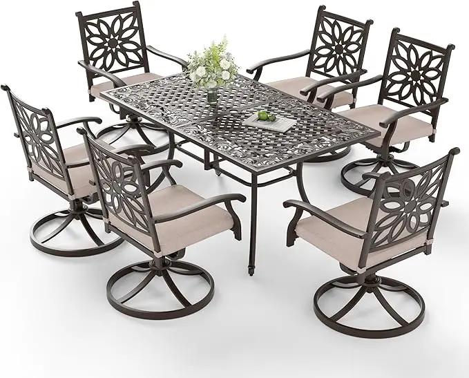 Sophia & William 7 Pieces Cast Aluminium Patio Dining Set for 6, Outdoor Swivel Rocking Chairs and Rectangular Table with 2.3" Umbrella Hole for Porch Backyard Deck, Bronze by GreenHaven Gardens