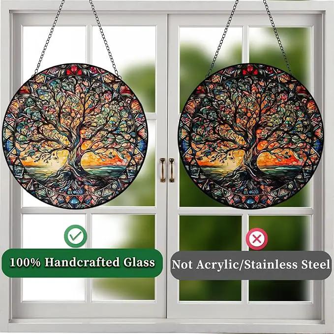 Tree of Life Suncatcher Indoor/Outdoor Stained Glass Window Hanging - Handmade Stained Glass Suncatchers for Windows Hanging - Decoration for Home Garden Christmas Party Wedding Housewarming Gifts by GreenHaven Gardens