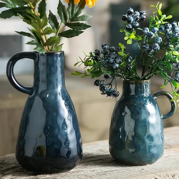 Ceramic Vase Set of 2, Blue Glazed Small Pottery Vases with Handles, Decorative Clay Vase Modern Farmhouse Decor, Centerpiece Dining Table Decorations Porcelain by GreenHaven Gardens