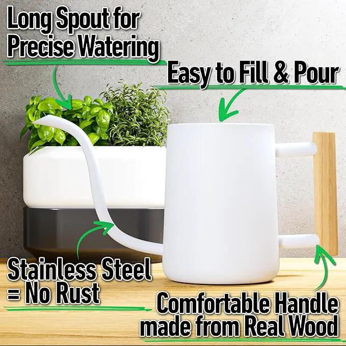 35 oz Metal Small Indoor Watering Can with Long Spout & Real Wood Handle for House Plants, Succulents, Cacti & Seedlings - White Long Spout Watering Can Indoor Plants - Stylish, Gentle Flow, No Spills by GreenHaven Gardens