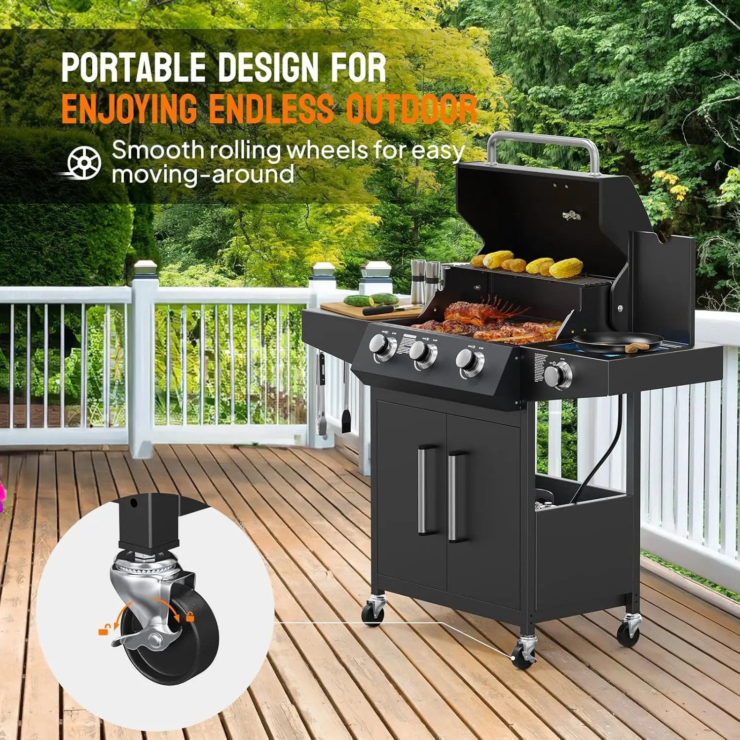 ROVSUN 3 Burner Propane Gas Grill with Side Burner, 46,000BTU BBQ Grills with Enameled Cast Iron Grates, Shelf & Cabinet for Outdoor Garden Patio Backyard Barbecue Cooking by GreenHaven Gardens