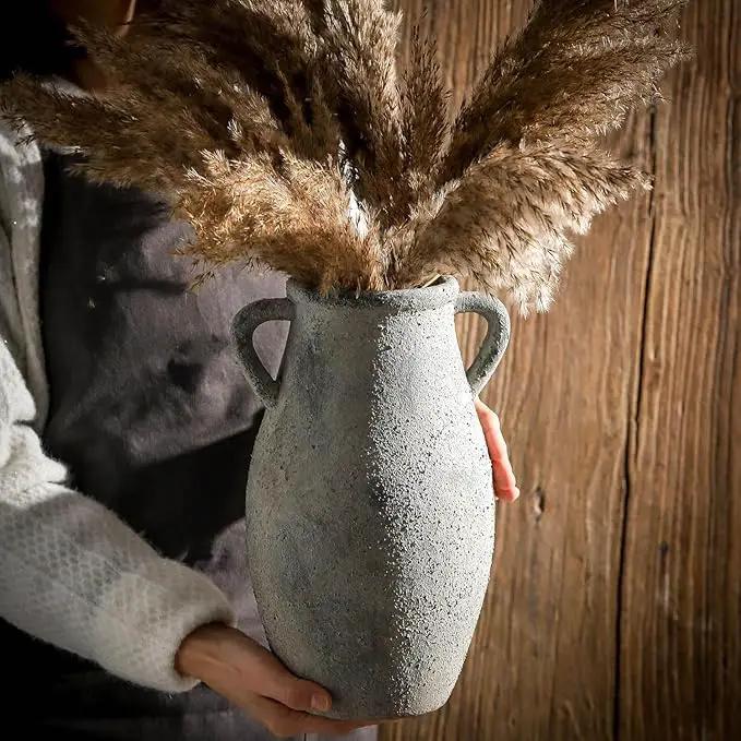 Large Ceramic Rustic Vase,11.3 inch Tall Farmhouse Flower Vase with 2 Handles for Home Decor, Living Room Entryway Table Centerpiece Decor by GreenHaven Gardens