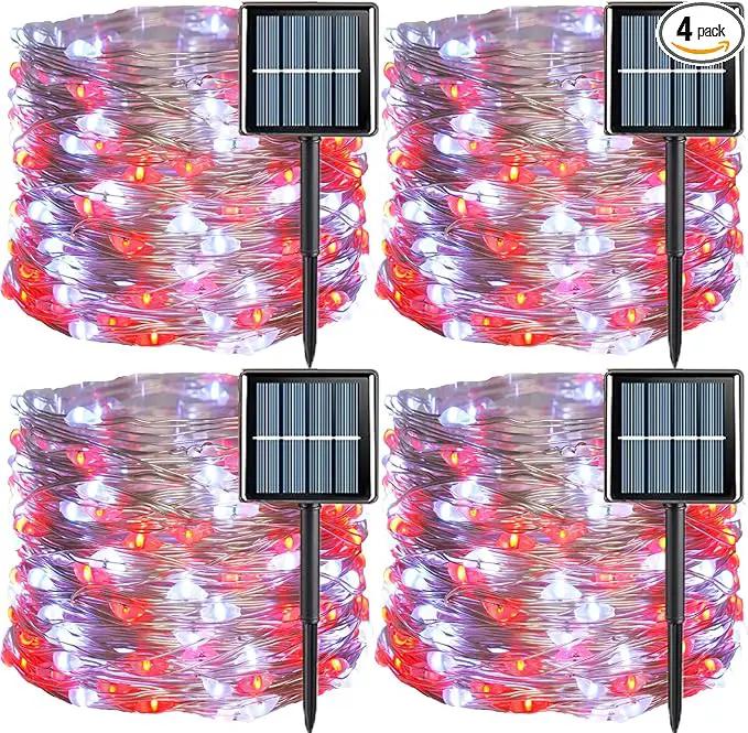 QITONG 4 Pack Red and White Solar Fairy Lights, Each 33ft 100 LED Christmas Lights, 8 Modes Silver Wire Solar String Lights by GreenHaven Gardens