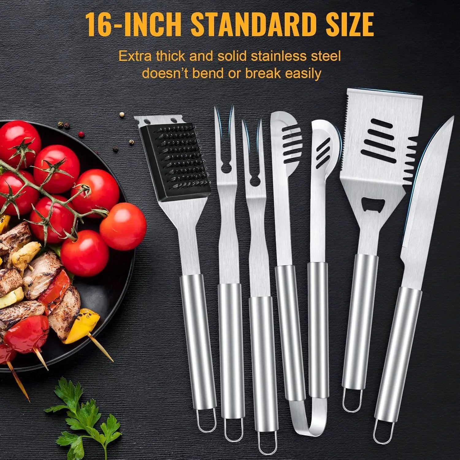 BBQ Grilling Accessories, 16-Inch Stainless Steel BBQ Grill Tools Set for Men, Heavy Duty Grilling Accessories Kit for Camping, Kitchen, Extra Thick Barbecue Utensil by GreenHaven Gardens