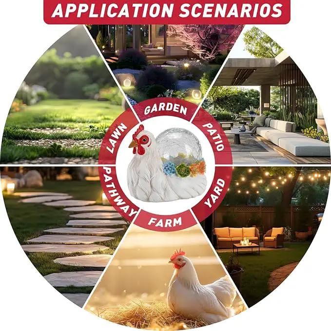Solar Chicken Garden Statue Lights for Outdoor Decor with Cracked Glass LED Rooster Figurine Lighting Resin Succulent Hen Decorations for Patio Lawn Yard Home Housewarming Mom Wowen Gifts by GreenHaven Gardens