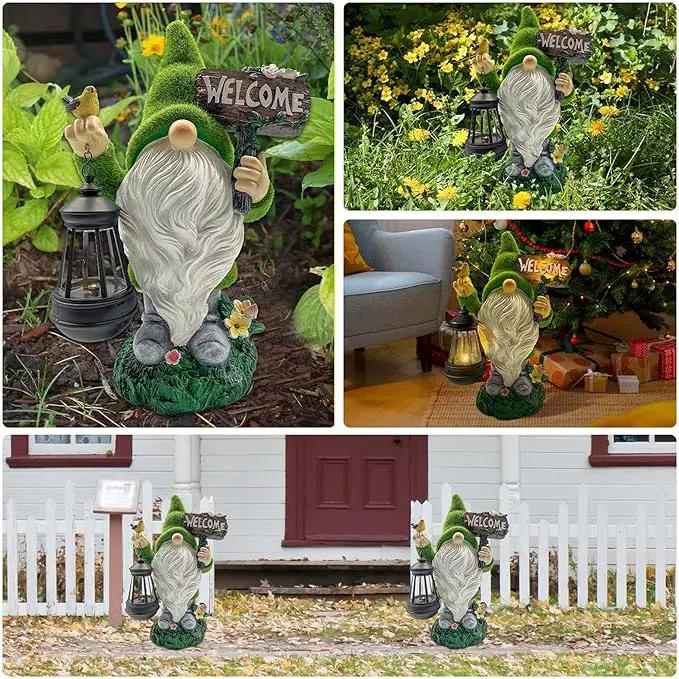 Lovinland Garden Gnome Statue Outdoor Decor Large Flocked Resin Gnome Figurine with Solar Light Holding Lantern Welcome Sign Garden Yard Decorations Dwarf Sculpture for Outside Patio Porch Lawn Decor by GreenHaven Gardens