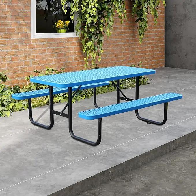 6FT Metal Picnic Tables for Outdoors, Commercial Rectangular Picnic Table and Bench Set for Outside, Patio, Garden, Backyard, Porch, Surface Mount, Blue by GreenHaven Gardens