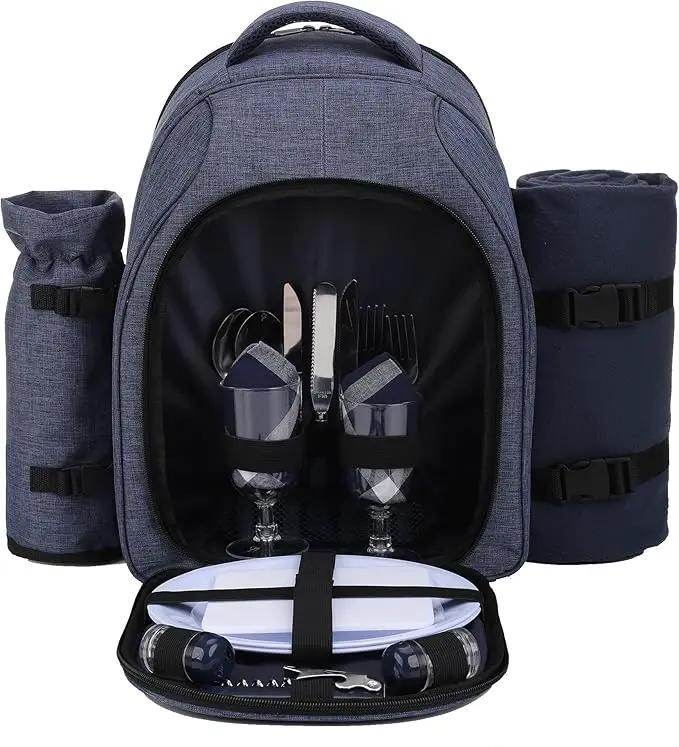 Apollo Walker Picnic Backpack Bag for 2 Person with Cooler Compartment, Detachable Bottle/Wine Holder, Fleece Blanket, Plates and Cutlery Set (2 Person, Navy) by GreenHaven Gardens