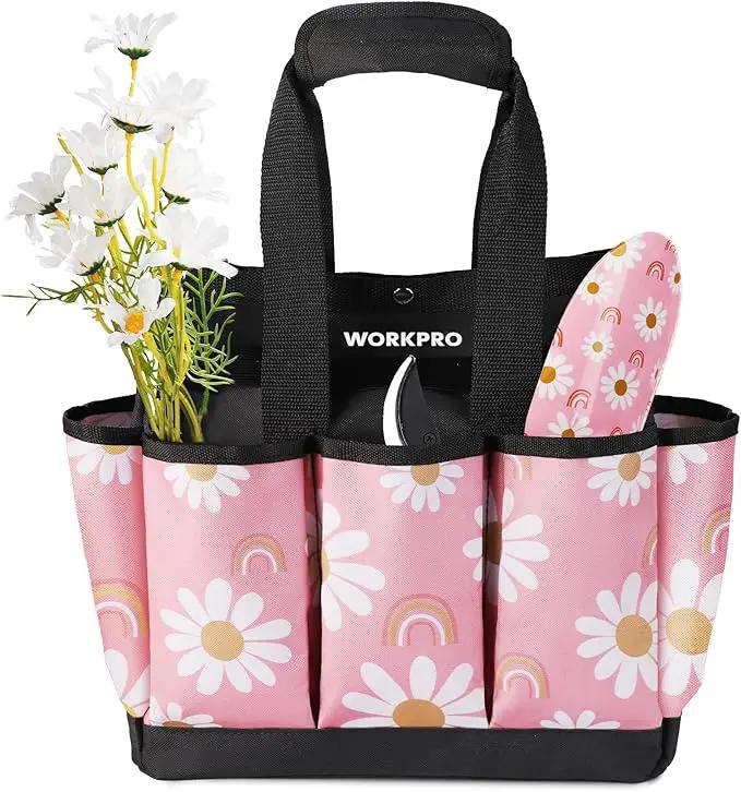 WORKPRO Garden Tool Bag, 9 Pockets Gardening Bag, Heavy Duty Oxford Garden Tote Caddy (Tools NOT Included), 12" x 12" x 6"-Pink Ribbon by GreenHaven Gardens