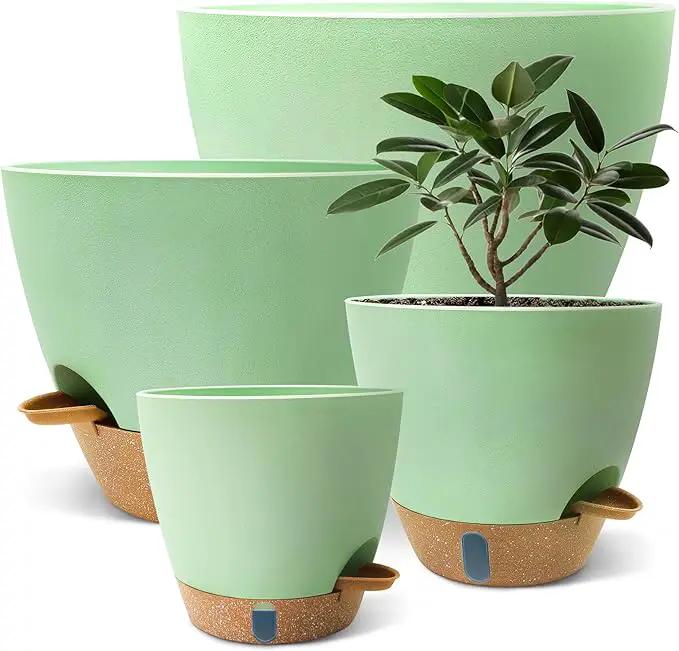 12/10/9/8 inch Self Watering Pots with Visual Water Window, Extra Large Self Watering Plant Pot with Drainage Holes and Saucers, Green Flower Pots for Indoor Plants by GreenHaven Gardens