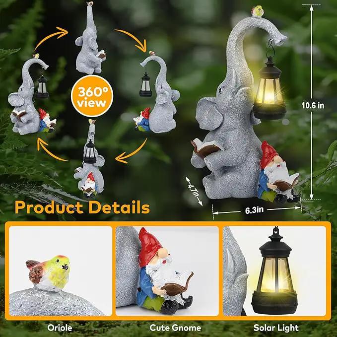 Solar Outdoor Garden Statues Lights, Elephant Figurines with Cute Gnome Garden Sculpture Decor, Luck Elephant Gifts for Woman Mother or Daughter, Unique Housewarming Gifts and Yard Decor by GreenHaven Gardens