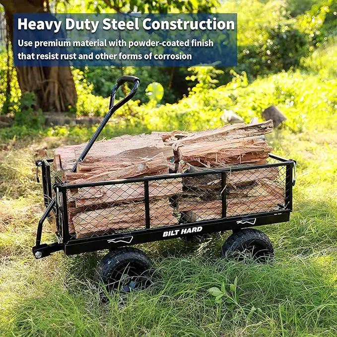 BILT HARD 10" Flat Free Tires Heavy Duty Garden Cart with 180° Rotating Handle and Removable Sides, 4 Cu.Ft 400 lbs Capacity Utility Steel Wagons for Outdoor by GreenHaven Gardens