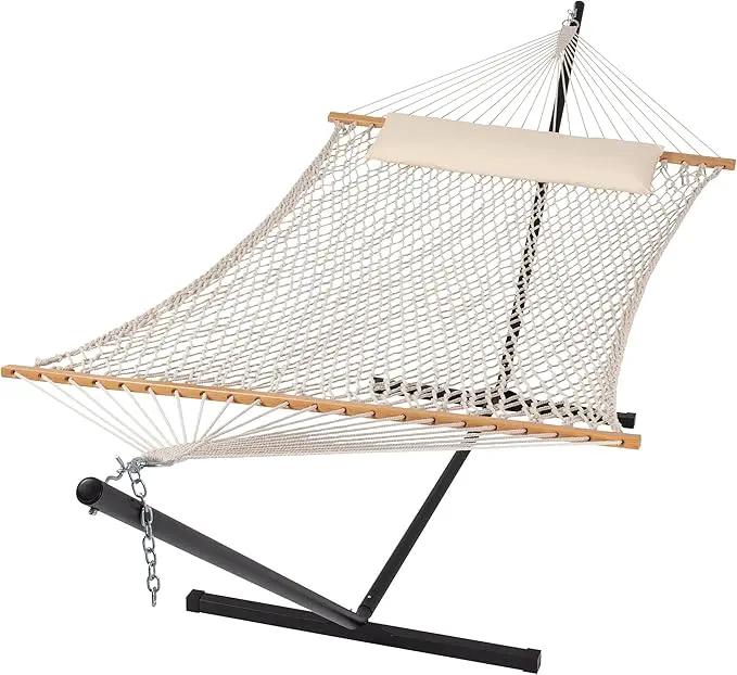 SUNCREAT Double Outdoor Hammock with Stand Included, Portable Cotton Rope 2 Person Hammock for Outdoor, Patio, Garden, Backyard, Beige by GreenHaven Gardens