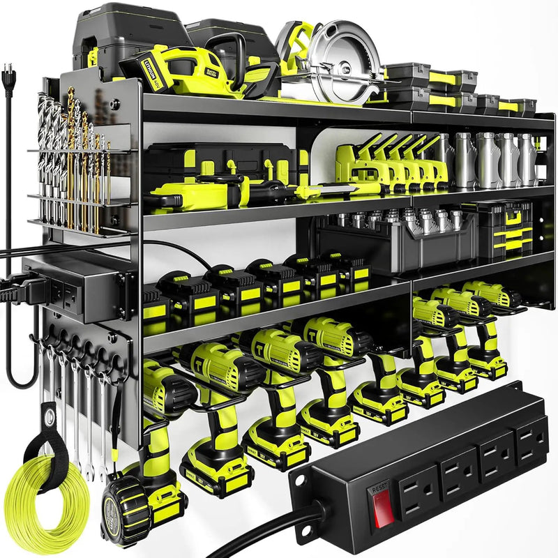Large Power Tool Organizer Wall Mount with Charging Station,4 Layer Heavy Duty Metal Tool Storage Rack Loads 600lbs with 8 Cordless Drill Holder,Battery Utility Rack Loads with 4 Power Strip by GreenHaven Gardens