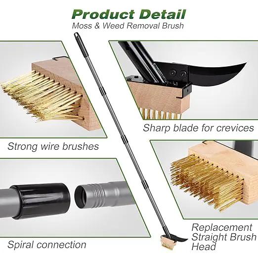 Walensee 3-in-1 Crack Weeder & Moss Remover Brush with 66.5-Inch Adjustable Handle, Weed Puller with 2 Replaceable Brush Heads and Scraper for Deck, Patio, Walkway, Driveway Crevice Cleaning Tool by GreenHaven Gardens