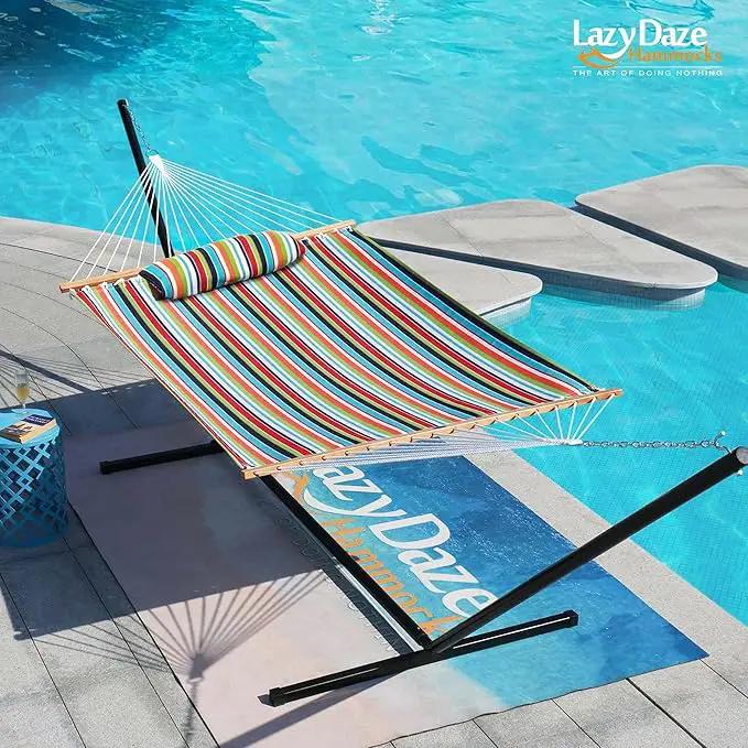 Lazy Daze 12 FT Sunbrella Fabric Hammock with Spreader Bars and Free Pillow Fits for Two Persons, All Weather and Fade Resistant for Patio Yard, 450 lbs Weight Capacity, Carousel Confetti by GreenHaven Gardens