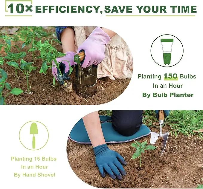 Haliaeetus Bulb Planter Tool, 4 inches Depth Mark Hand Bulb Planter, Non-Bending Stainless Steel Bulb Planter Digger, Garden Bulb Transplanter with Comfortable Wood Handle for Planting Tulip, Daffodil by GreenHaven Gardens