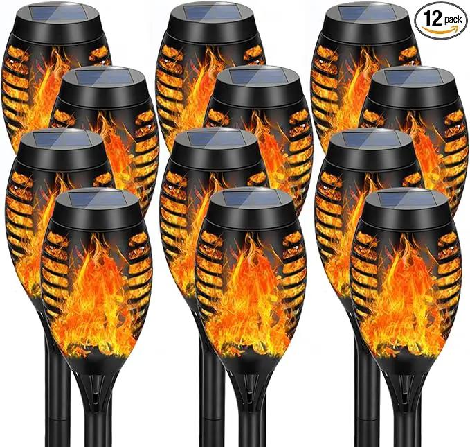 12Pack Solar Torch Lights with Flickering Flame Upgraded, Security&Waterproof Solar Lights Outdoor Landscape Decoration, Mini Solar Tiki Torches for Yard,Garden,Patio, Pathway Decor-Auto On/Off by GreenHaven Gardens