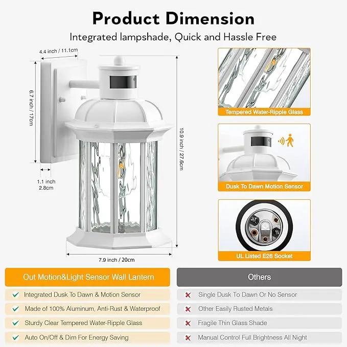 VIANIS 2-Pack Motion Sensor Outdoor Lights for House, White Garage Light Wall Mount Lantern, Modern Exterior LED Wall Lights Fixtures with Ripple Tempered Glass, Outside Wall Sconce Lamp for Porch by GreenHaven Gardens