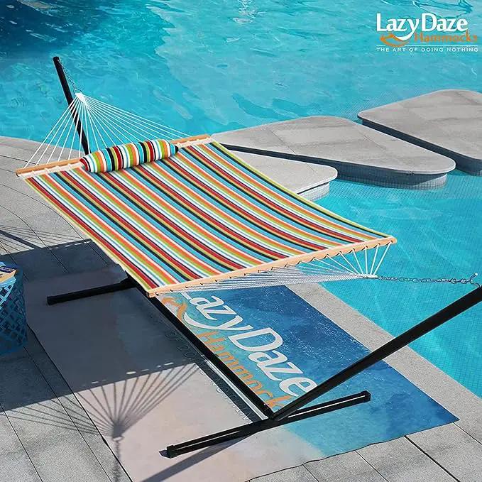 Lazy Daze 12 FT Sunbrella Quilted Hammock Double Hammock with Hardwood Spreader Bar, for Patio Outdoor Outside All Weather, 450 lbs Capacity, Carousel Confetti by GreenHaven Gardens
