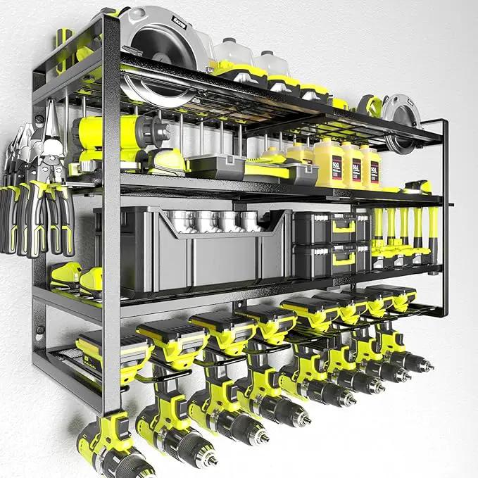 KAFAHOM Power Tool Organizer-8 Drill Holder Wall Mount,4 Layer Heavy Duty Metal Power Tool Storage Rack,Garage Tool Organizer and Storage with Screwdriver Holder/Plier Holder/Hammer Holder