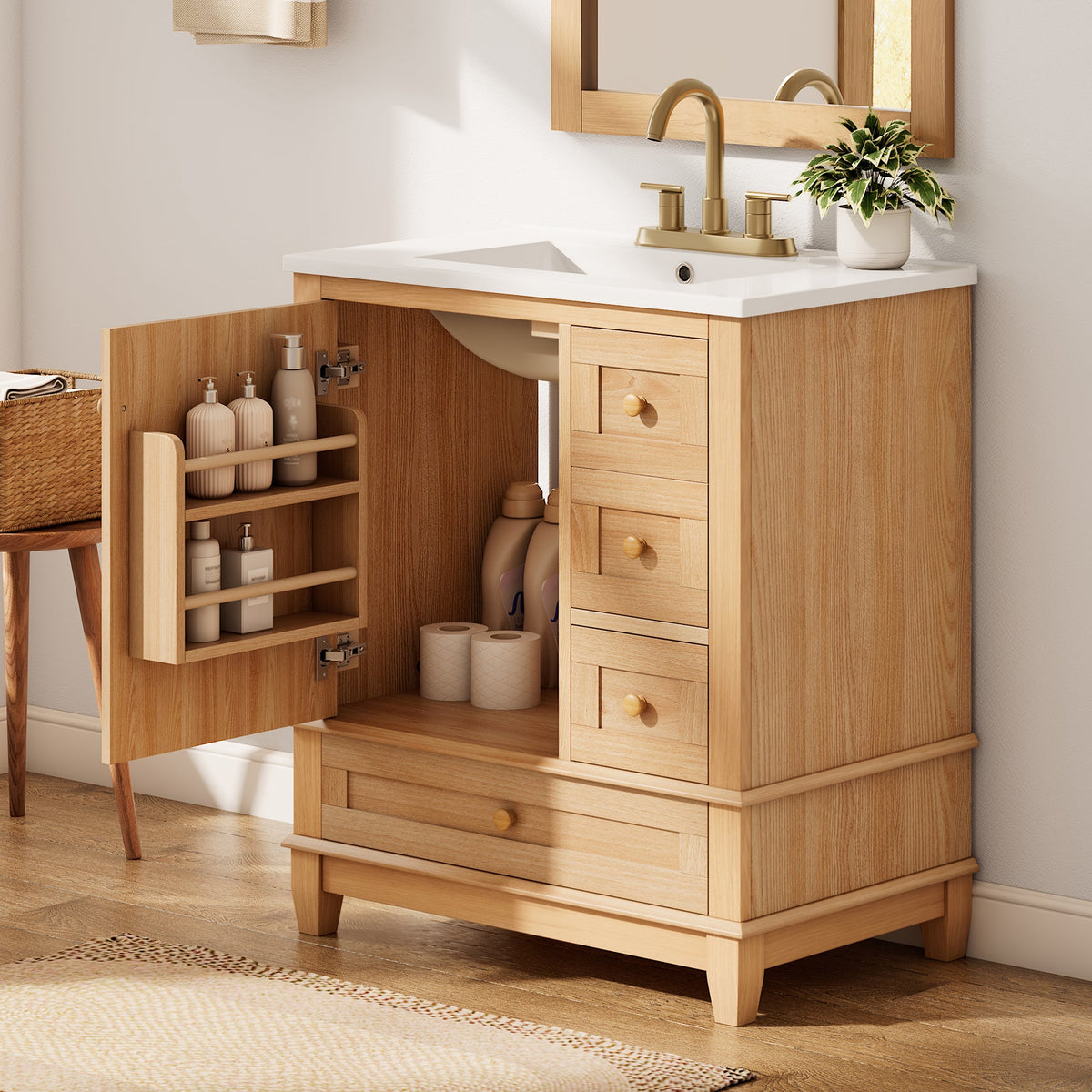 30" Bathroom Vanity with Ceramic Sink Top and Solid Wood Legs - Beige or Wood, photo 2 of 10