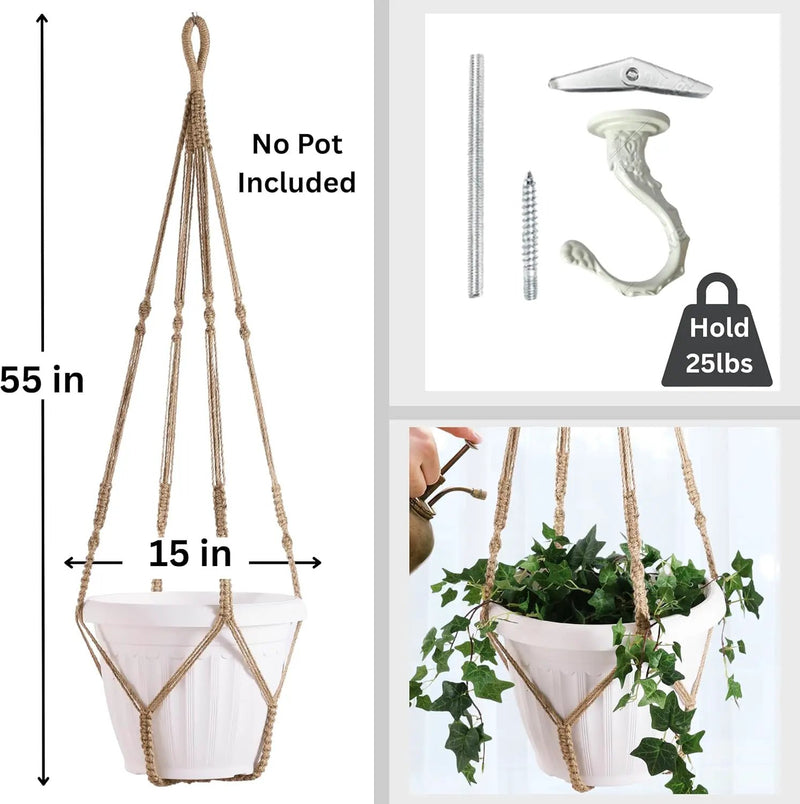 Giant XXL 55 Inches Macrame Planter Hanger Large for 15 inch Pot + Swag Hook | Extra Large Hanging Planter for Indoor Plants | No Pot/Plant Included (XXL Jute) by GreenHaven Gardens